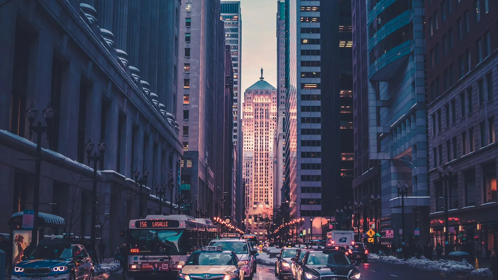 Dusk over a lively city district